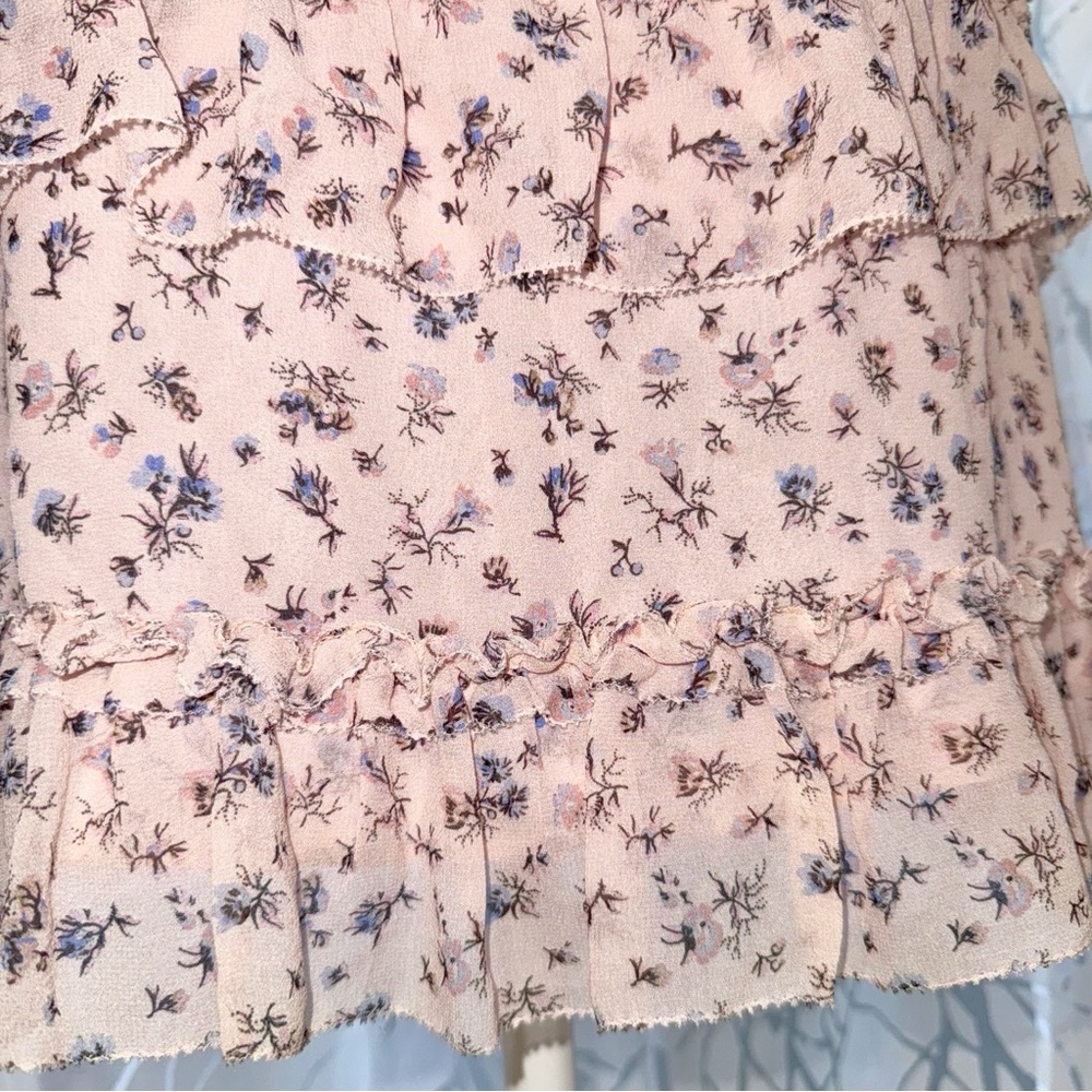 LOVESHACKFANCY PINK BLUE FLORAL PRINT RUFFLE SILK MINI SKIRT - Picture 4 of 7